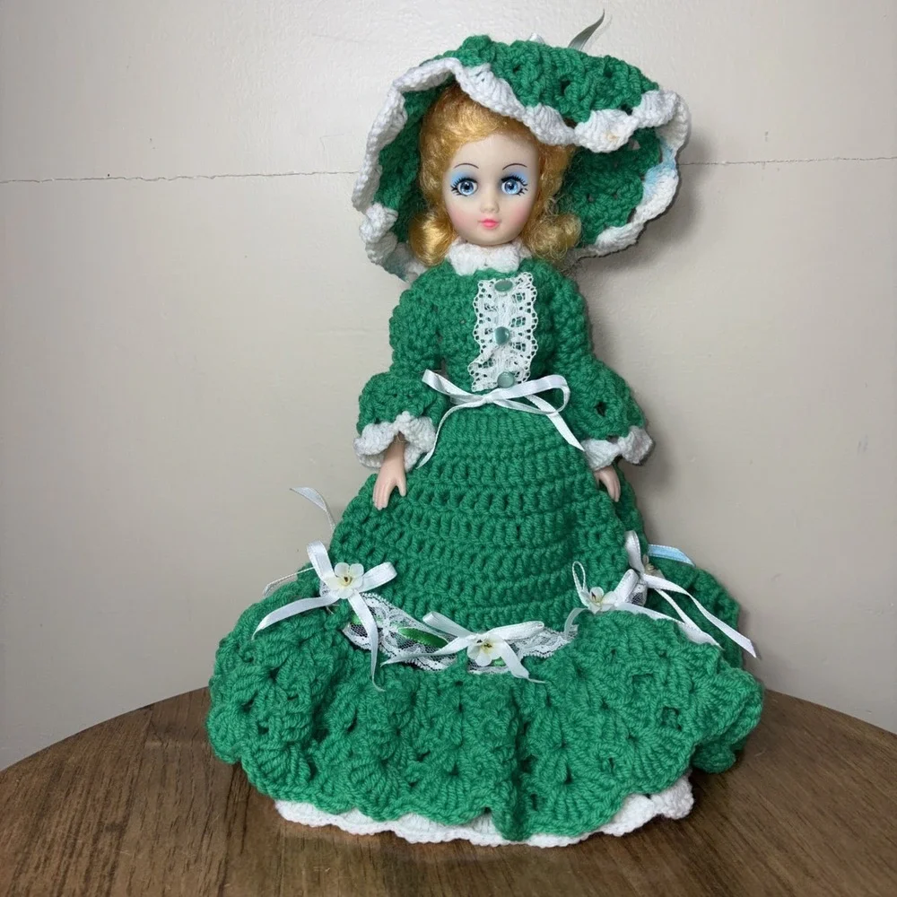 Vintage Crochet Doll Handmade Green Dress